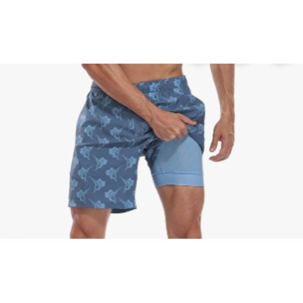 LRD Performance Mens XL Blue Marlin Fish Print Swim Trunks Board Shorts 7 Inseam